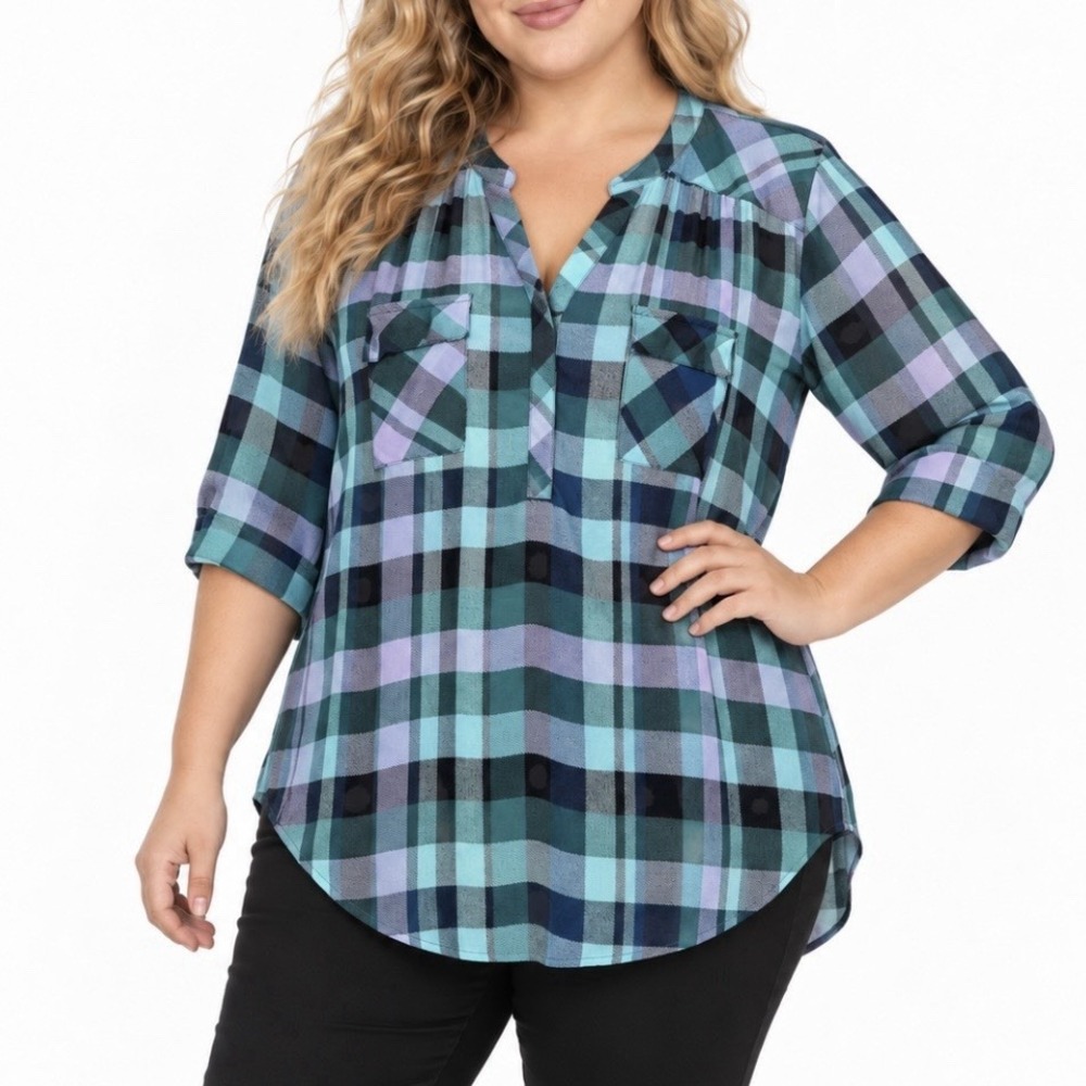 Torrid Harper Green Plaid Georgette 3/4 Sleeve Pullover Blouse Size 2X Office